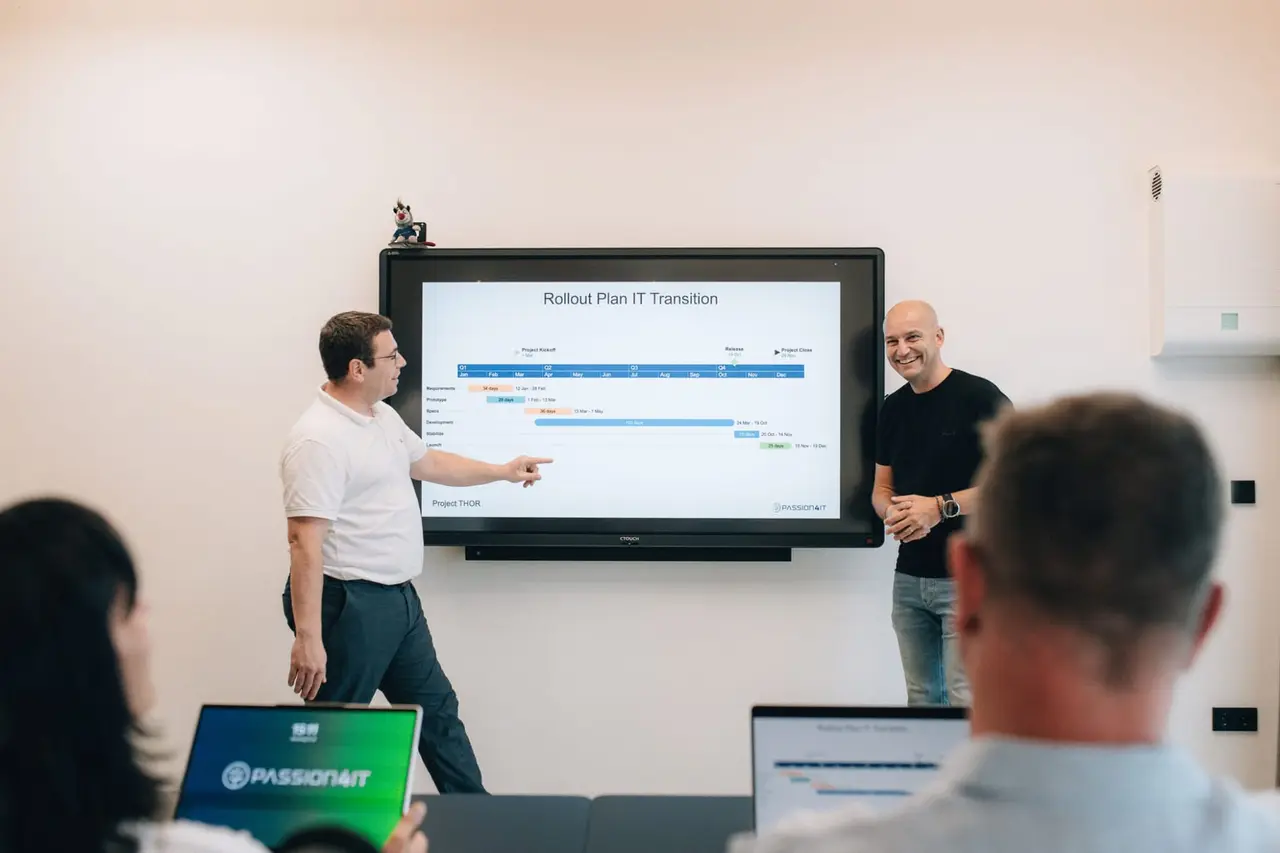 PASSION4IT workshop: a Gantt chart titled "Rollout Plan IT Transition" on the wall, the team analysing milestones and dependencies.